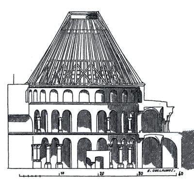 Rotunden i Jerusalem etter ombygginga midt på 1100-talet, med omgang, galleri og det kjegleforma taket. Etter Krüger 2000.