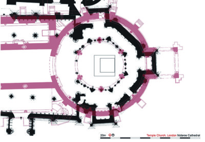 Samanstilling av grunnplanane for oktogonen i Nidaros og Temple Church i London. Grafikk: Samuel Feragen