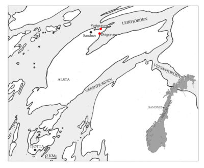 Gravene på Horvneset og tunet på Sandnes på nordspissen av øya Alsta på Helgeland. Illustrasjon: Aud Beverfjord, NTNU Vitenskapsmuseet