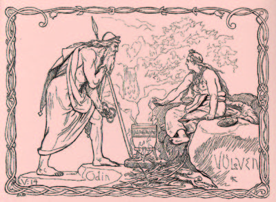 «Odin og Vølven» av Lorenz Frølich, 1895. I det før-kristne norrøne verdensbildet var Vølven en respektert og fryktet trollkvinne, en mester i seid (magisk teknikk), spådomskunst og galdr (besvergelser/trolldomssang). Ritualene innebar sjamanisme, ofte ved bruk av tromme. Blant samene hadde noaiden et lik funksjon, hvor joik og bruk av runebomme inngikk i det magiske repertoar. Illustrasjon: NTNU UB