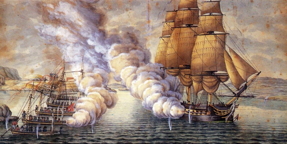 Slaget ved Alvøen mai 1808 mellom den britiske fregatten HMS «Tartar» og fem dansk-norske kanonbåter. Det sies at HMS Tartar seilte under nederlandsk flagg, og på den måten lurte om bord norske loser som ble tvunget til å føre det engelske krigsfartøyet inn til Bergen. Forsøket på å lure fienden under falskt flagg ble imidlertid avverget da de dansk-norske kanonbåtene, som var langt mer manøvreringsdyktig i trangt farvann. Kilde: Wikipedia, Public domain