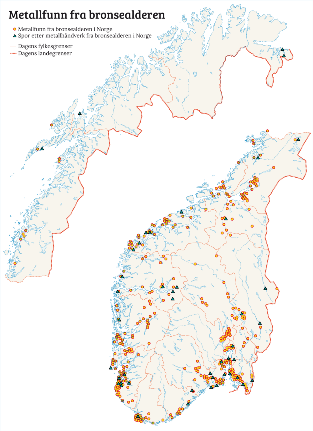 Kart over metallfunn og støpefunn i Norge. Kartet viser fylkesgrensene før 2018. © Norgeshistorie.no (https://www.norgeshistorie.no/bronsealder/teknologi-og-okonomi/0307-det-forste-metallet.html)