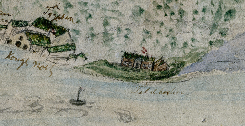 Tidlig skisse av Tromsø sett fra Storsteinnes på fastlandsiden. 
Tegnet av Lorentz G. Skancke, ca. 1806.