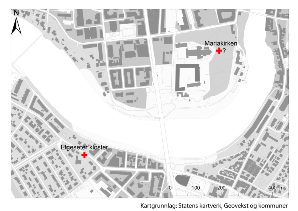 Plasseringen av Elgeseter kloster og mulig plassering av Mariakirken. Kart: Julian Cadamarteri, NIKU