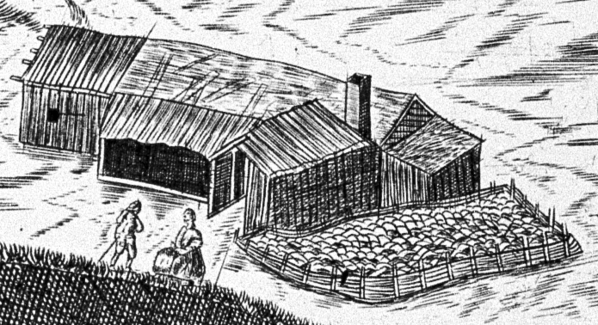 Liten gård på Bakklandet. Detalj fra kobberstikk av Maschius 1674.