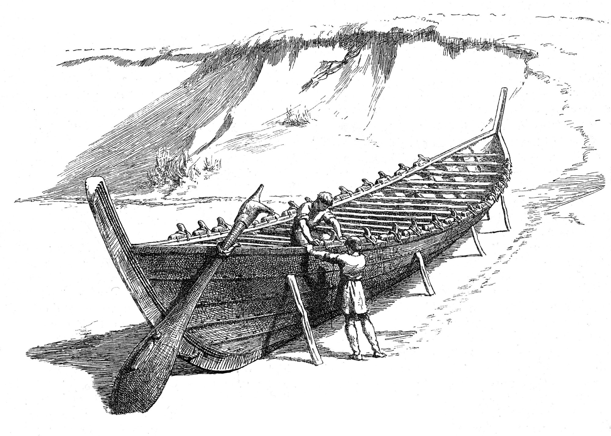 Rekonstruksjonsforslag av Nydamskipet som var 23 meter langt. Nydamskipet er datert til rundt år 320 e.Kr. Illustrasjon: Anders Kvåle Rue, Nordic Image