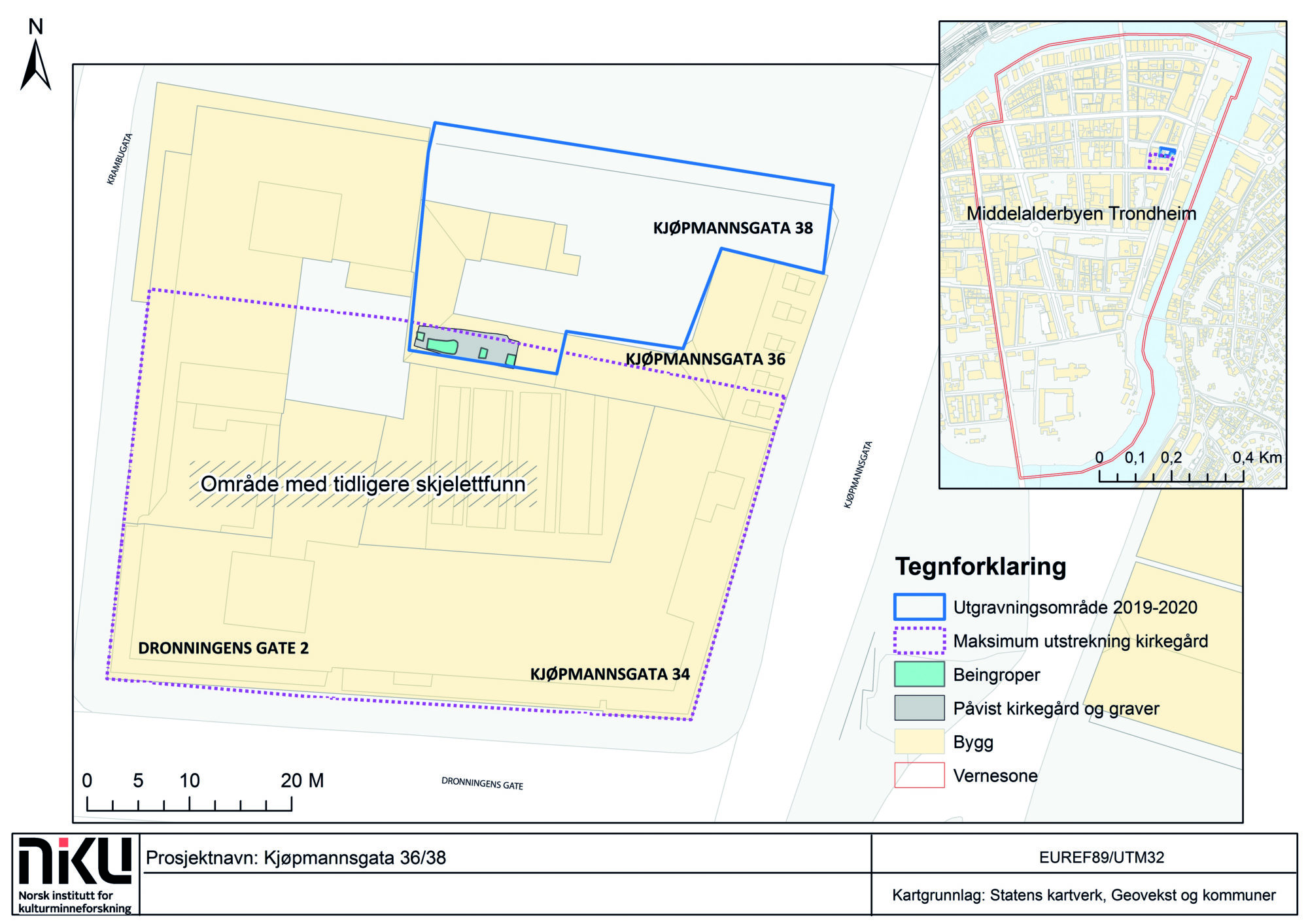 Kart over utgravingsområdet med beinkassene markert, samt maksimum utstrekning på kirkegården. Kart: Synne Husby Rostad, NIKU