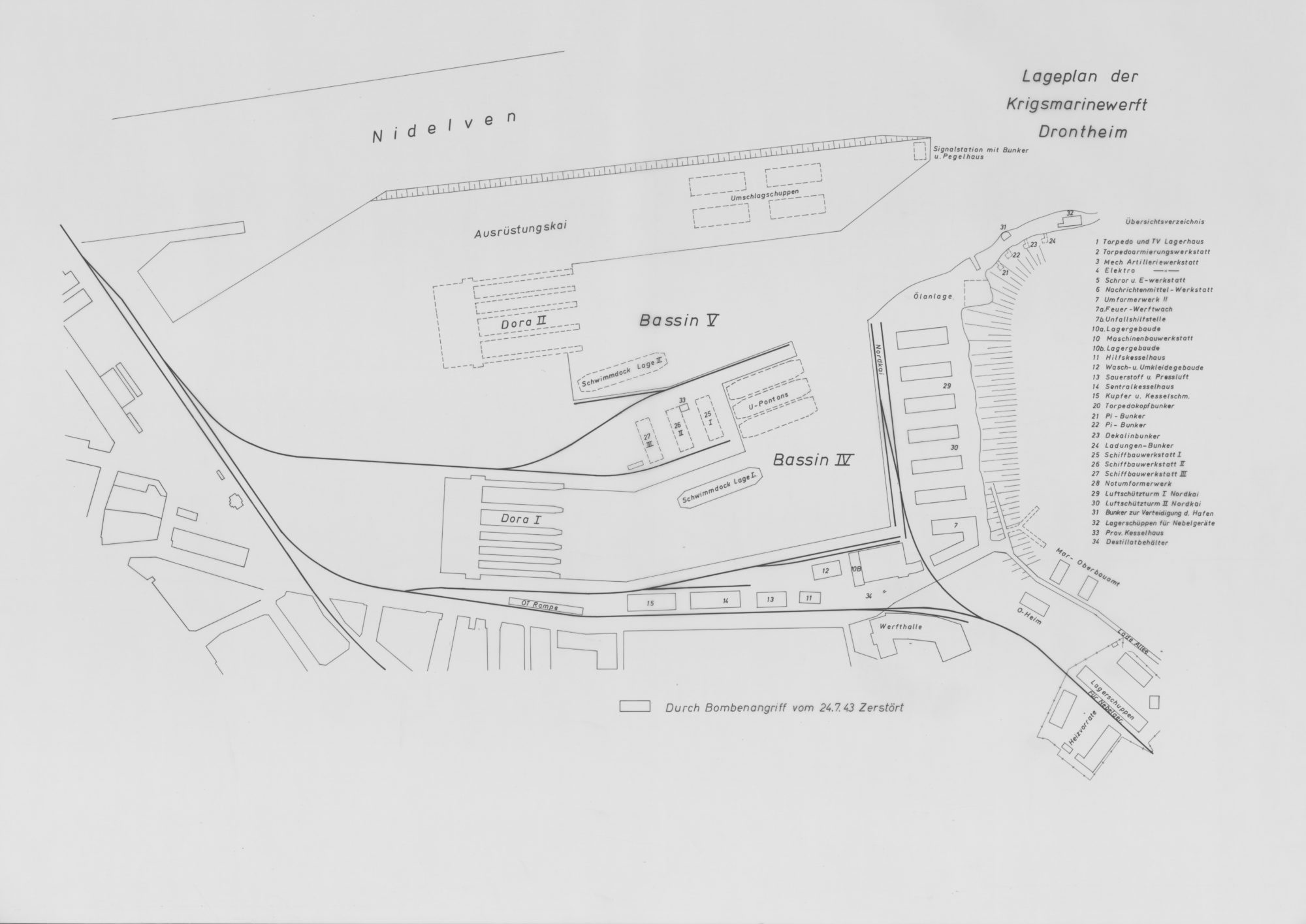 Kart over Dora fra
krigen, slik havnelandskapet
var planlagt. Fra: Trondheim
byarkiv