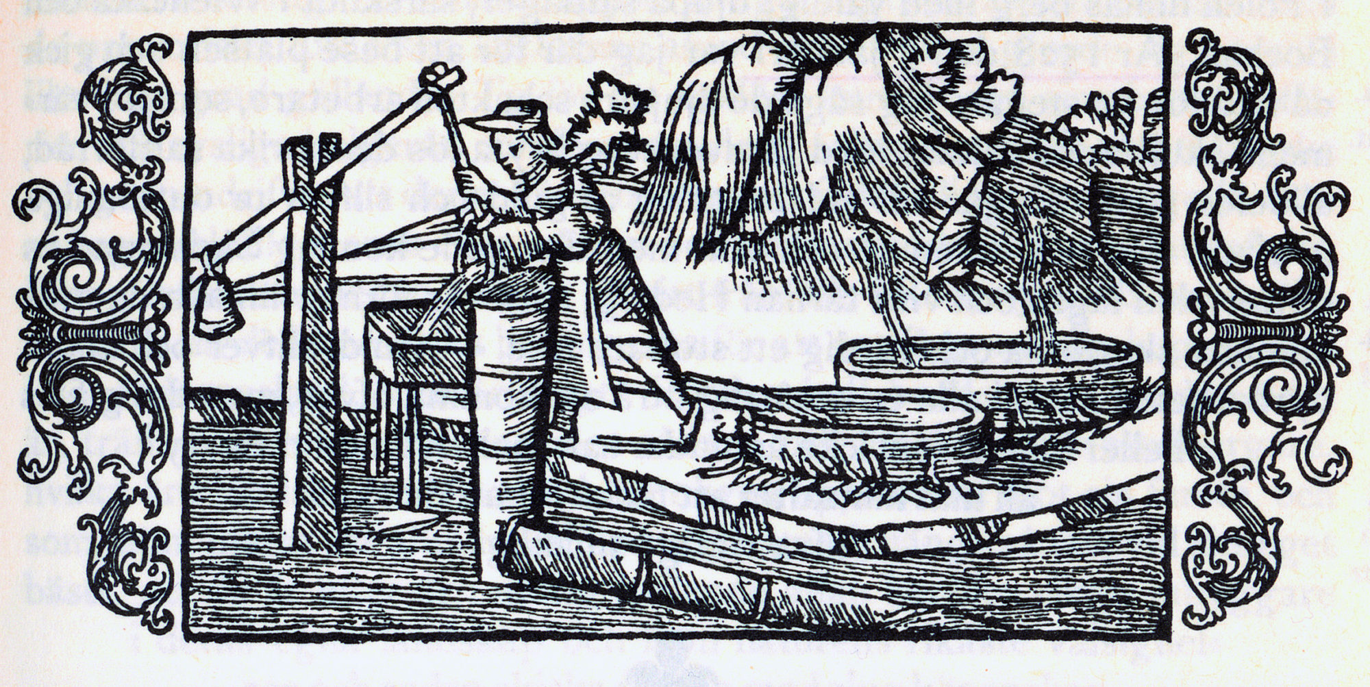 Salt sjøvann pumpes opp i saltkjelene, hvor vannet inndampes. Etter: Olaus Magnus, 1555: Historia de gentibus septentrionalibus / Historia om de nordiska folken