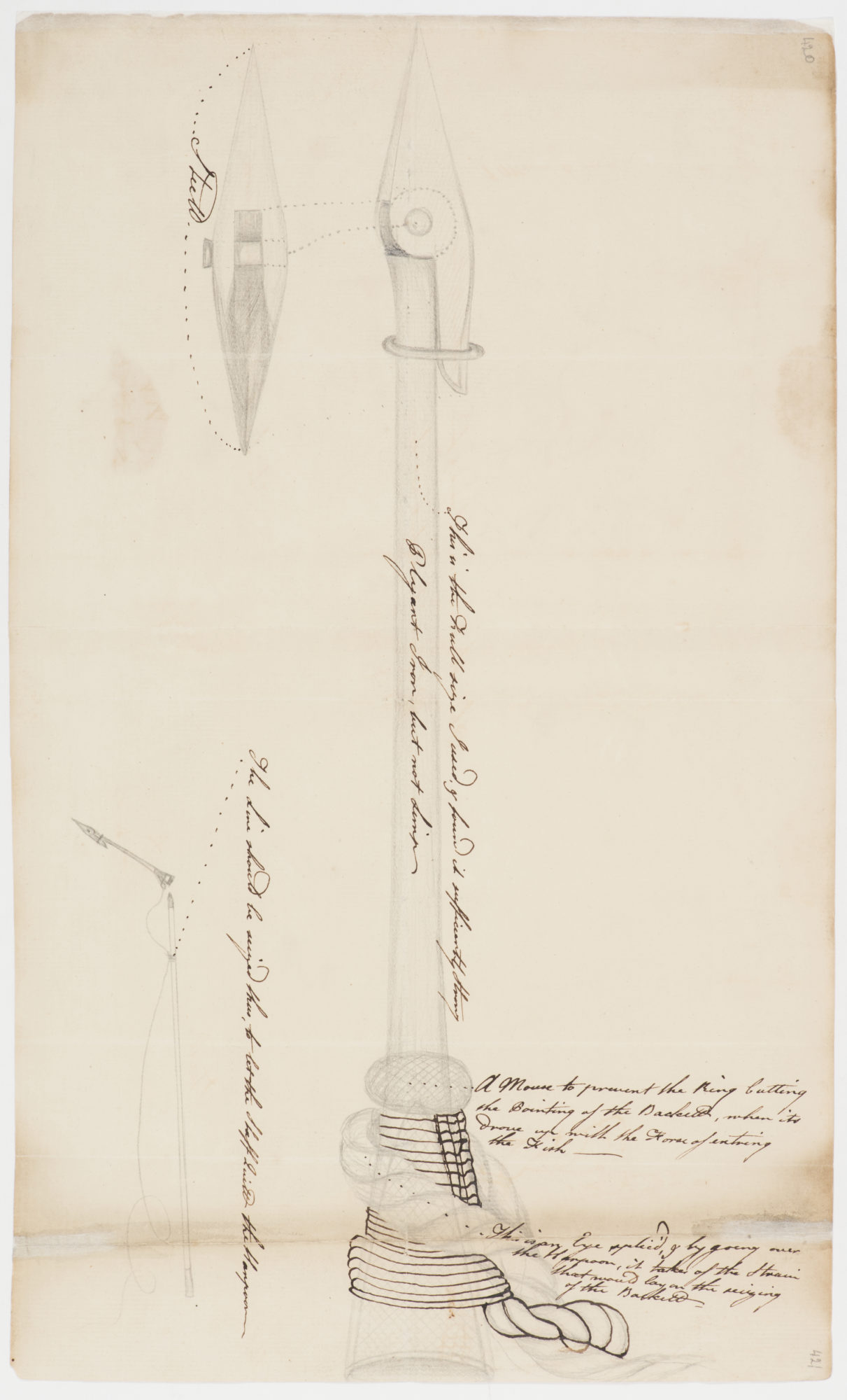 En såkalt ‘grommet harpoon’ avbildet i The Second Voyages of James Cook fra 1772. Bildet hentet fra den digitale utgaven på nettsiden til State Library New South Wales (sl.nsw.gov.au, sist besøkt 13.10.2020).