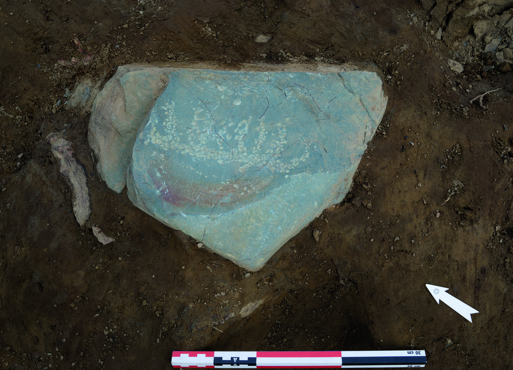 Steinen med ristninger funnet på bunnen av den ene røysa. Foto: Astrid Kviseth, NTNU Vitenskapsmuseet.