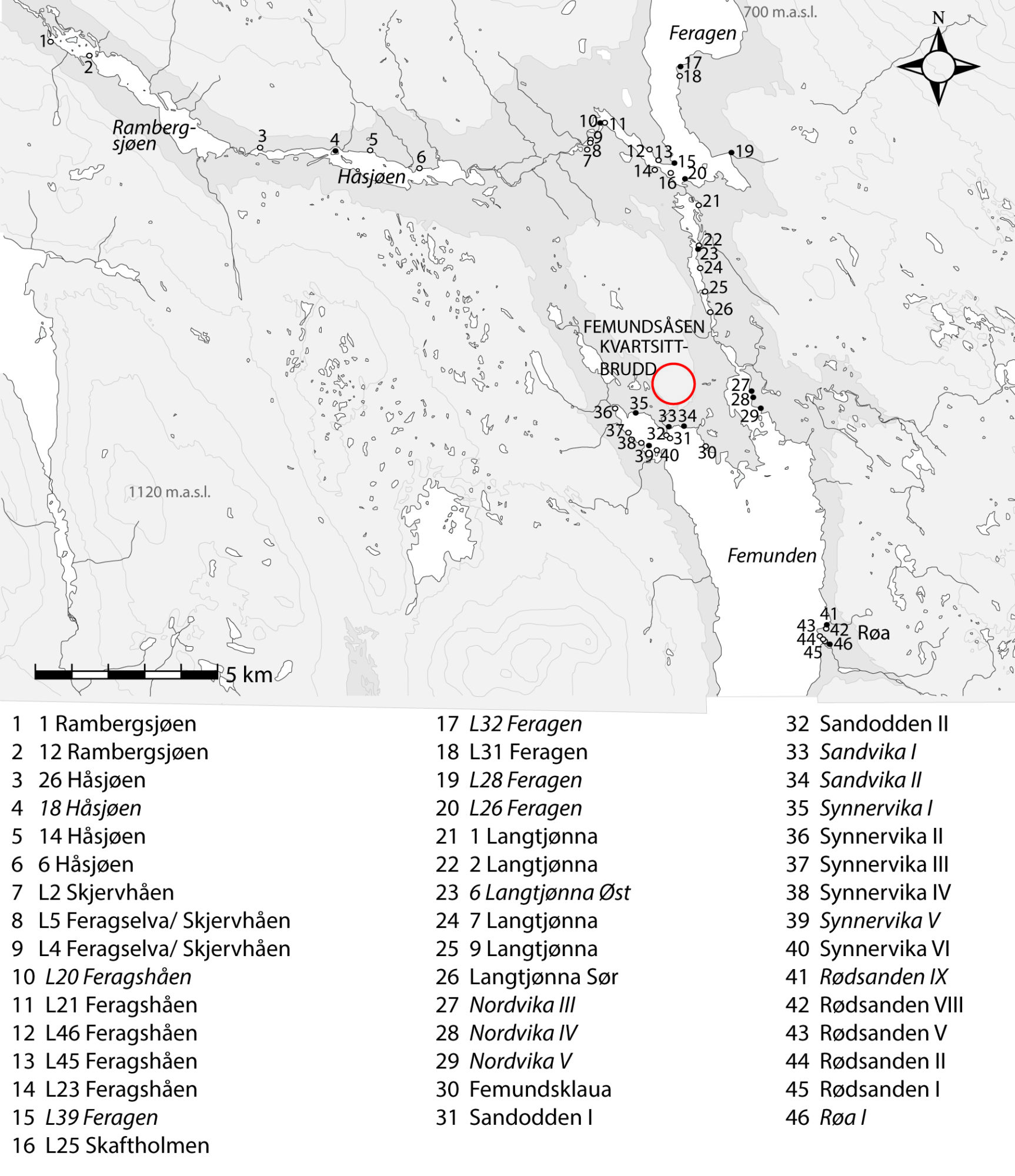 Kart og liste over registrerte lokaliteter rundt Femunden og nærliggende vann og vassdrag der det er funn av kvartsitt lik den fra Femundsåsen kvartsittbrudd. Sorte sirkler markerer funn av flatehuggede spisser eller emner til slike. Illustrasjon: Astrid J. Nyland, Arkeologisk museum, Universitetet i Stavanger 