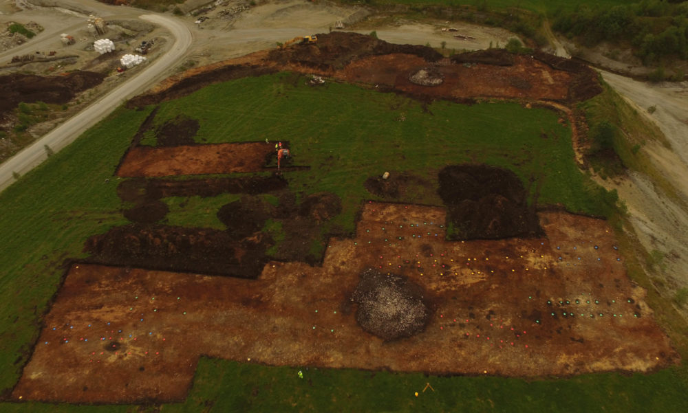Dronebilde fra Forsandmoen, med gravrøys og hustufter