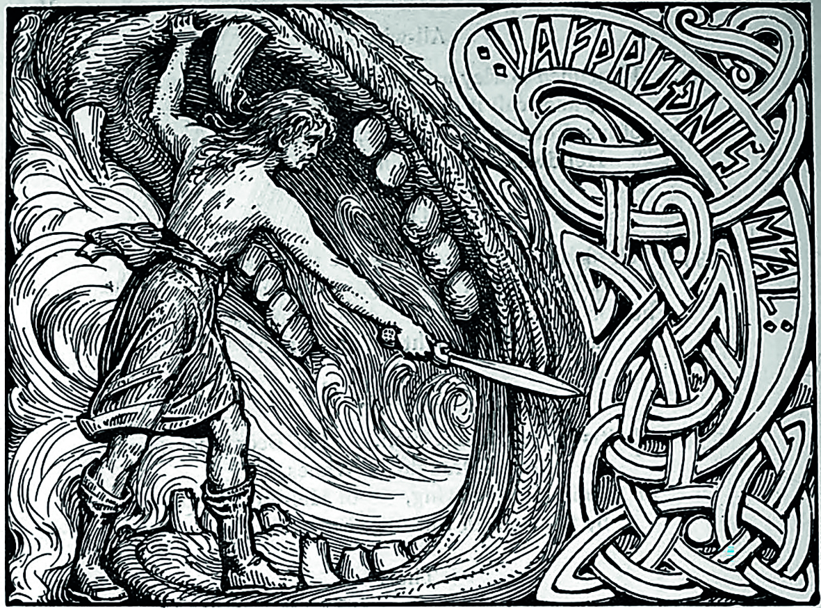 Tegning av mann som dreper en drage med sverd